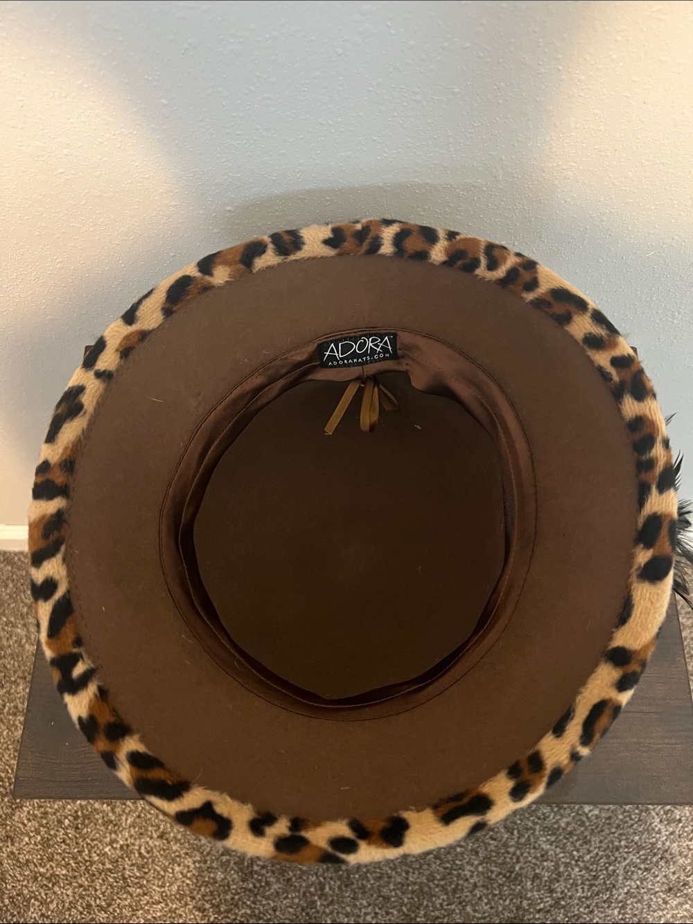 ADORA Brown Cloche Hat with Leopard Trim and Feather Detail - Picture 6 of 6